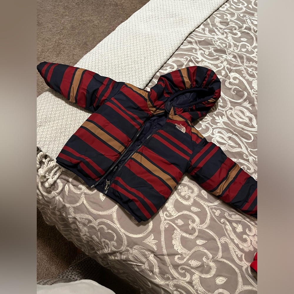 The North Face Kids Puffer Jacket - Navy and Orange Stripes